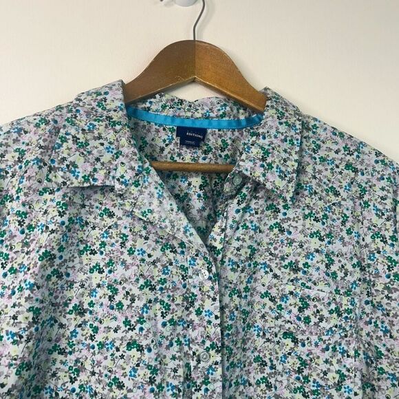 Basic Editions XXL Blue Green Floral Button-Up Shirt Women’s Short Sleeve Cotton - Picture 2 of 9